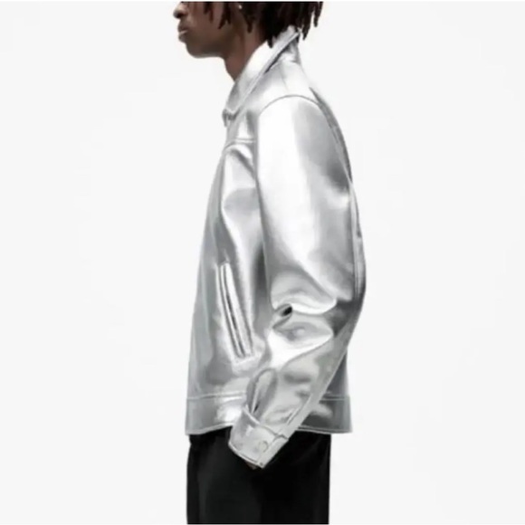Zara Silver Men’s Rider's Jacket Leather size L/XL NWT - Picture 2 of 7